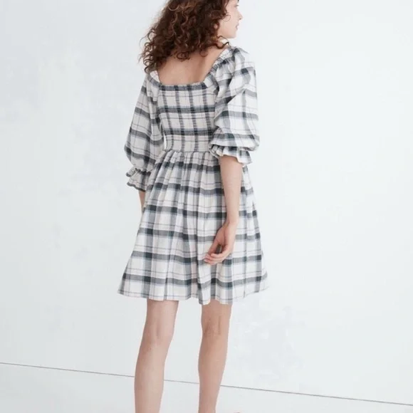 Madewell Lucie Elbow-Sleeve Smocked Plaid Mini Dress – Women’s Large NWT - Picture 2 of 8